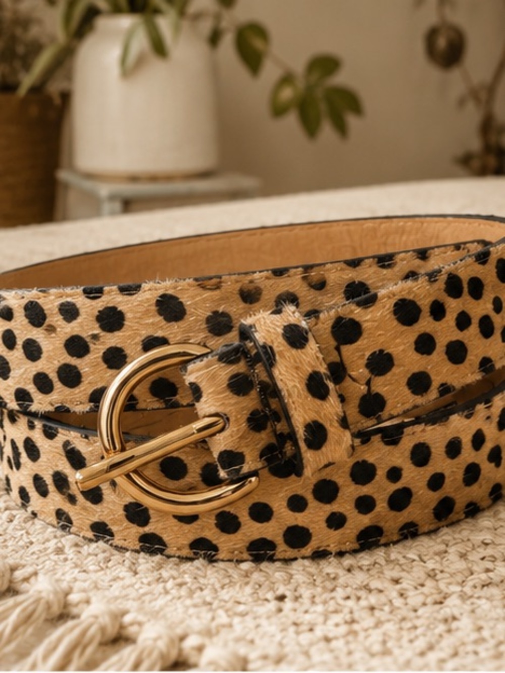 NWT Luxe Cheetah Print Hair-On Faux Leather Belt Gold Buckle